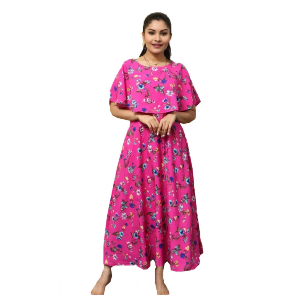 Generic Women’s Crepe Floral Half Sleeves Full Length Gown(Pink)