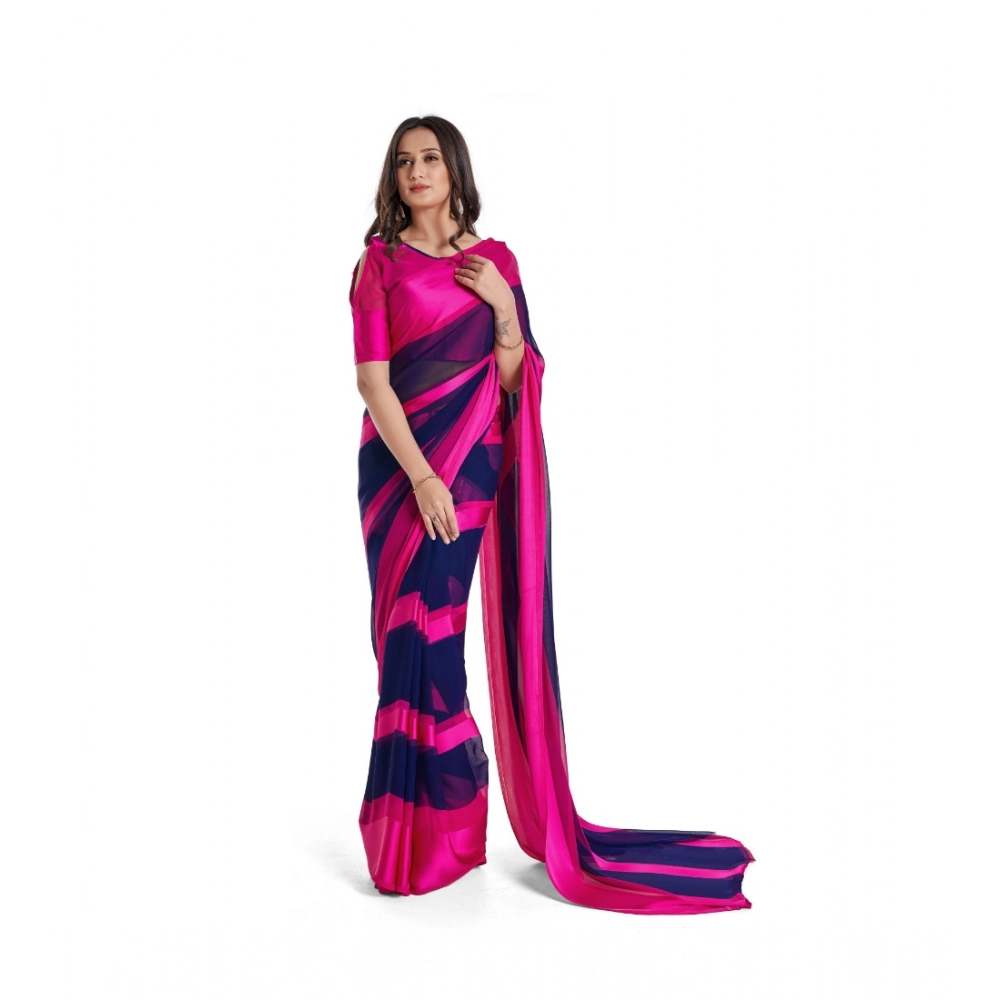Generic Women’s Satin Patta Printed Saree With Unstitched Blouse (Pink)
