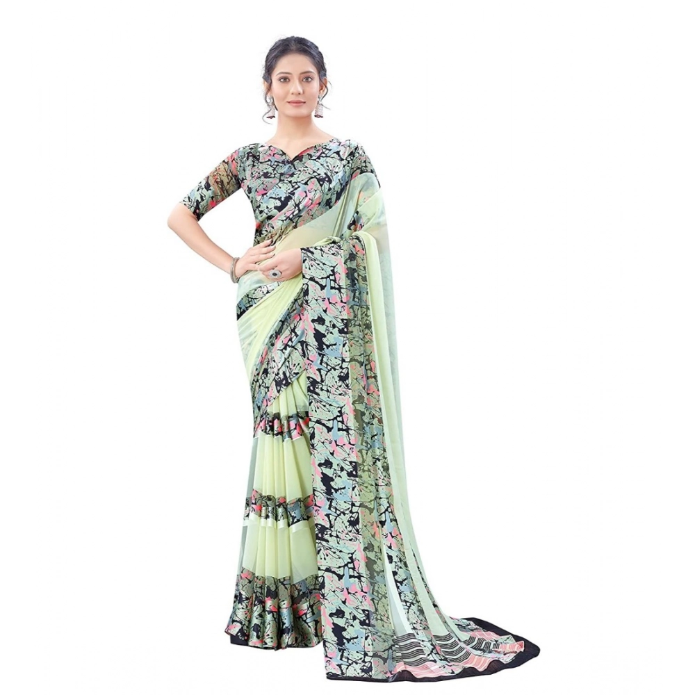 Generic Women’s Satin Patta Printed Saree With Unstitched Blouse (Cream)