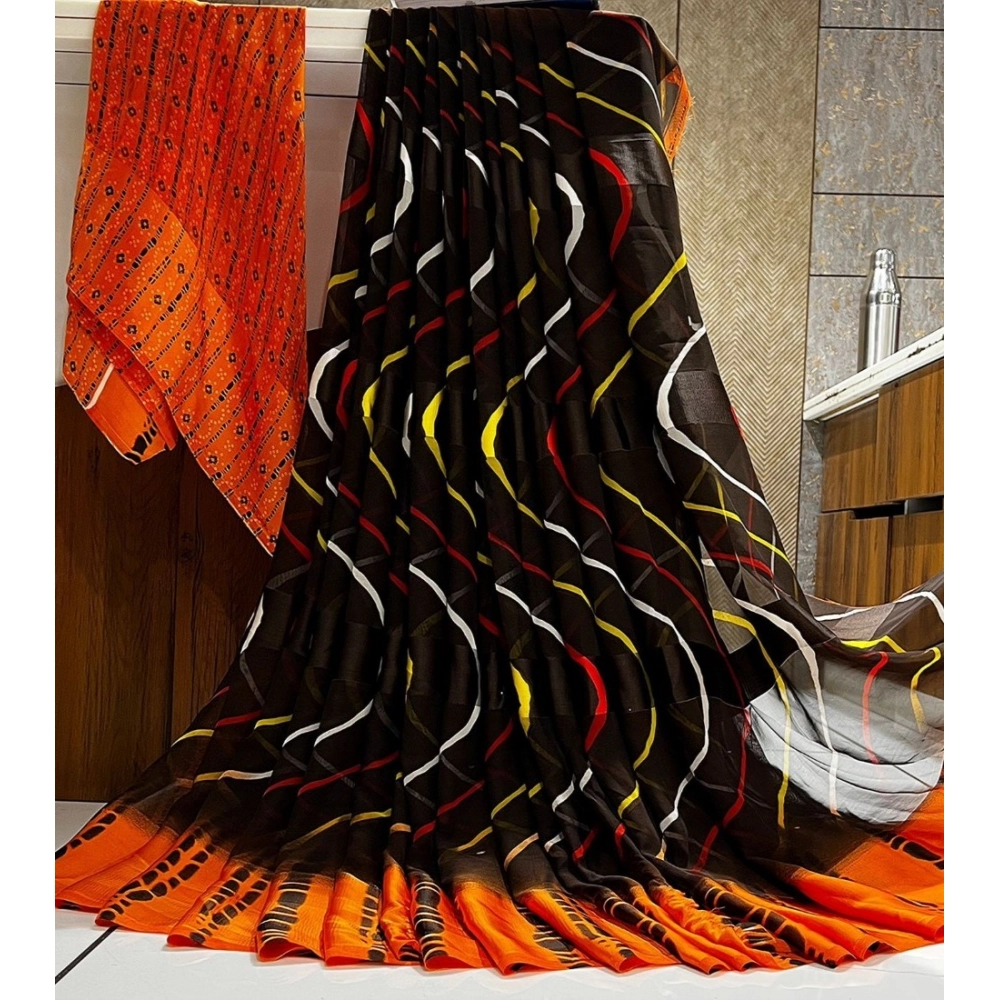 Generic Women’s Satin Patta Printed Saree With Unstitched Blouse (Orange)