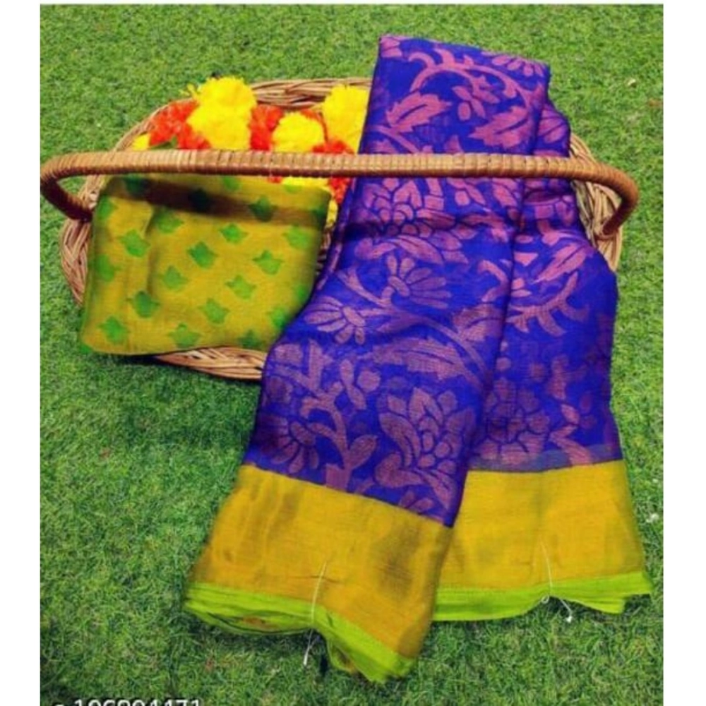Generic Women’s Viscose Rayon Printed Saree With Unstitched Blouse (Royal Blue)