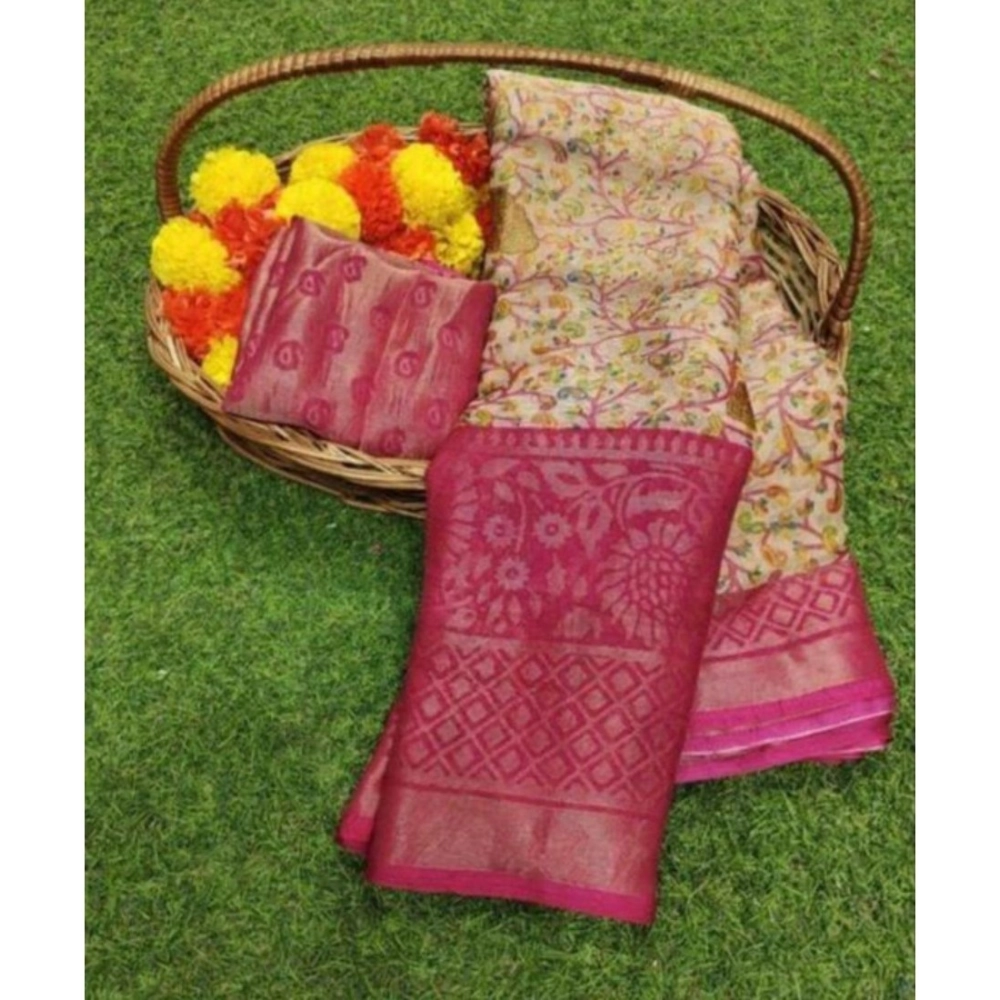 Generic Women’s Viscose Rayon Printed Saree With Unstitched Blouse (Pink)