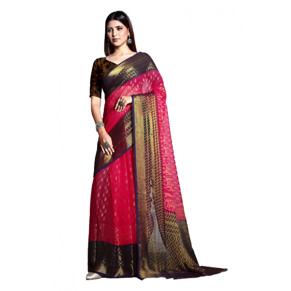 Generic Women’s Viscose Rayon Printed Saree With Unstitched Blouse (Pink)