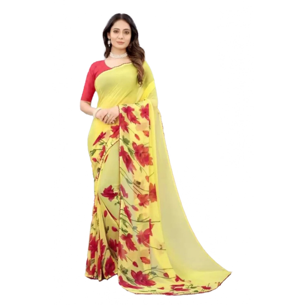 Generic Women’s Georgette Printed Saree With Unstitched Blouse (Yellow)
