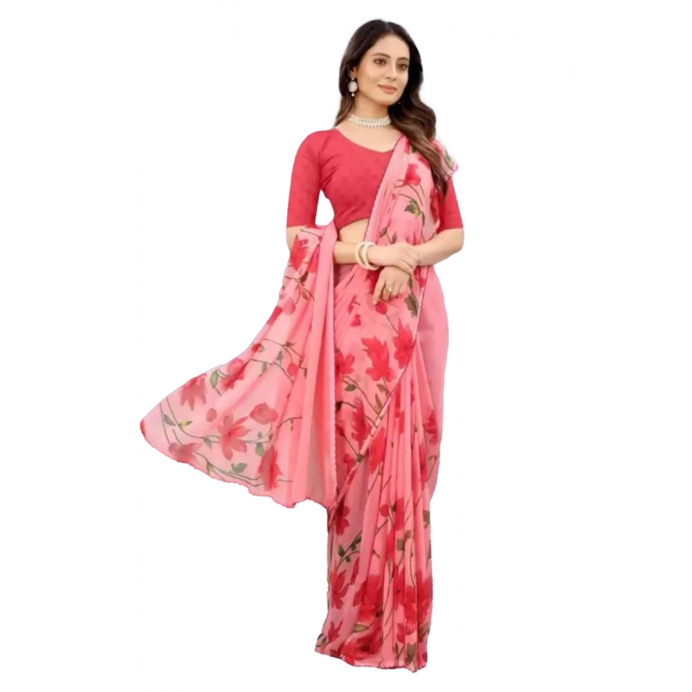 Generic Women’s Georgette Printed Saree With Unstitched Blouse (Red)