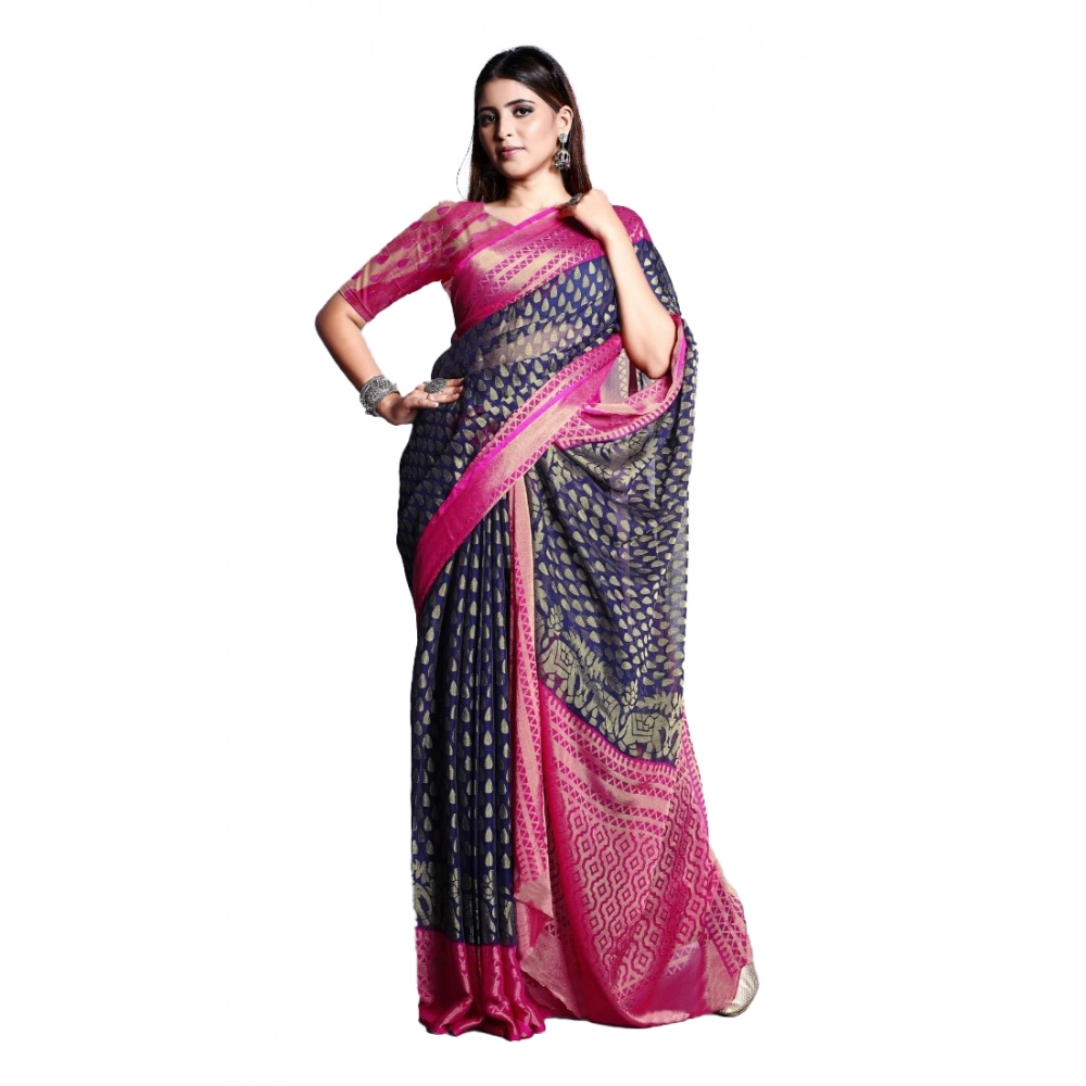 Generic Women’s Viscose Rayon Printed Saree With Unstitched Blouse (Navy Blue)