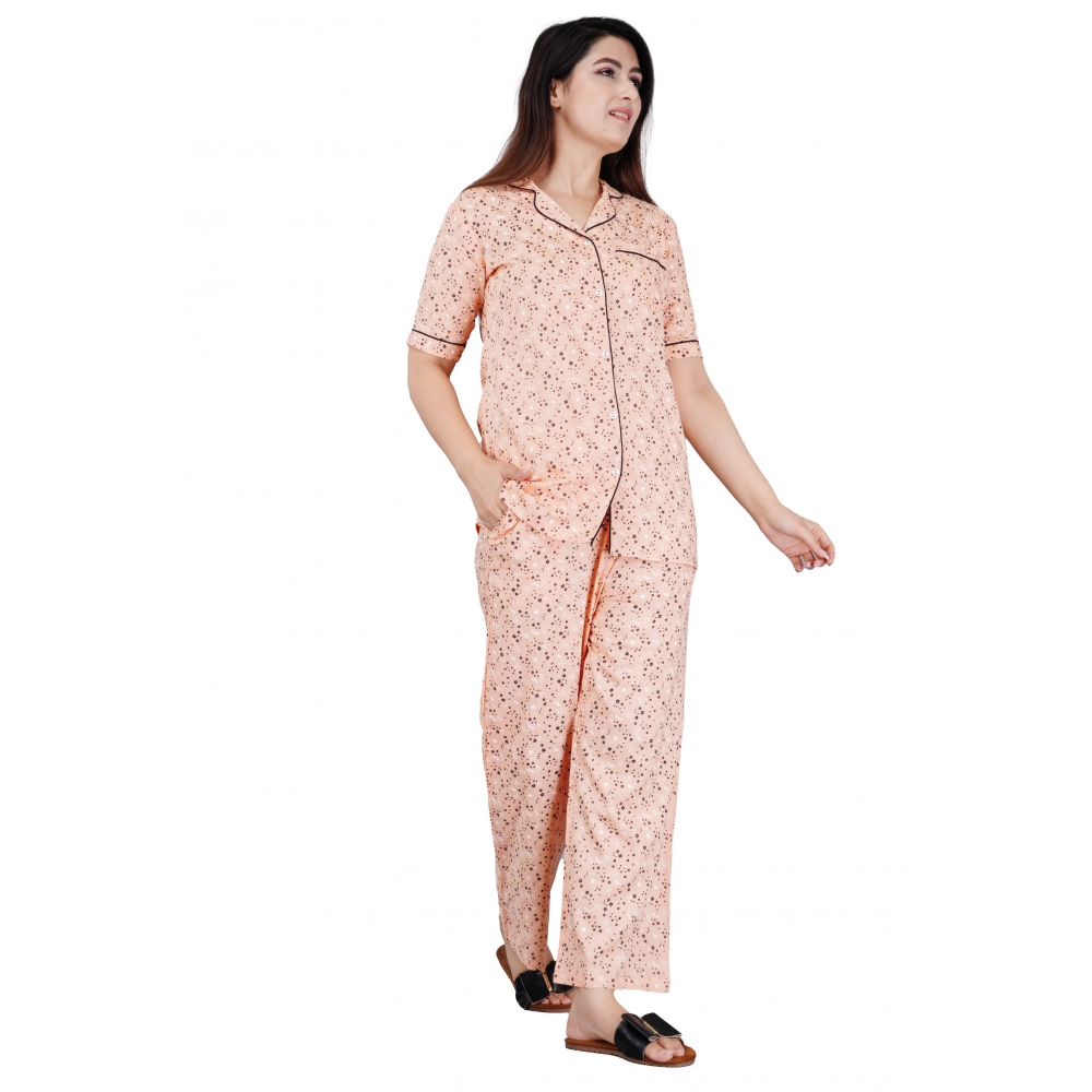 Generic Women’s Casual Half Sleeve Printed Viscose Rayon Shirt With Pyjama Pant Night Suit Set (Peach)