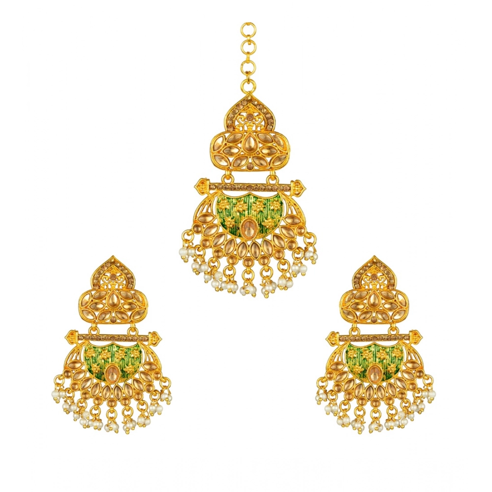 Generic Women’s Rose Gold Plated Alloy Kundan Earrings & Mangtikka (Green)