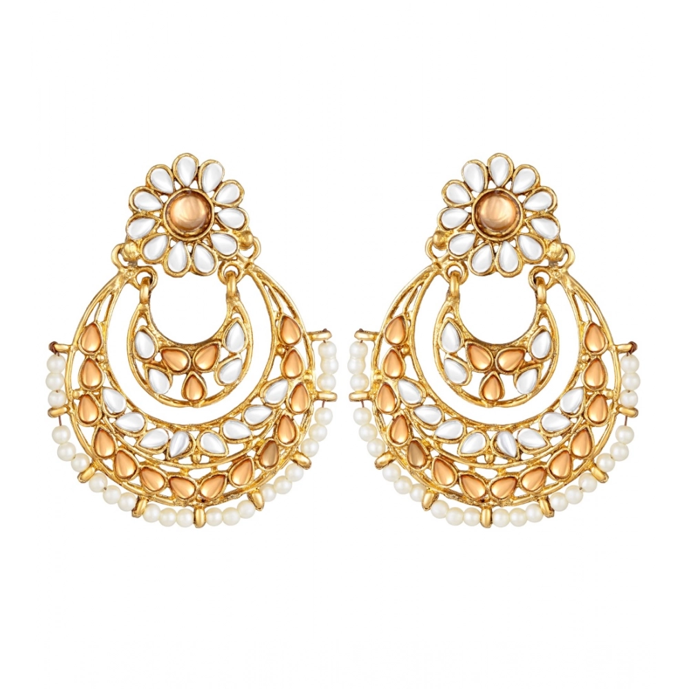 Generic Women’s Rose Gold Plated Alloy Kundan Earrings & Mangtikka (White & Gold)