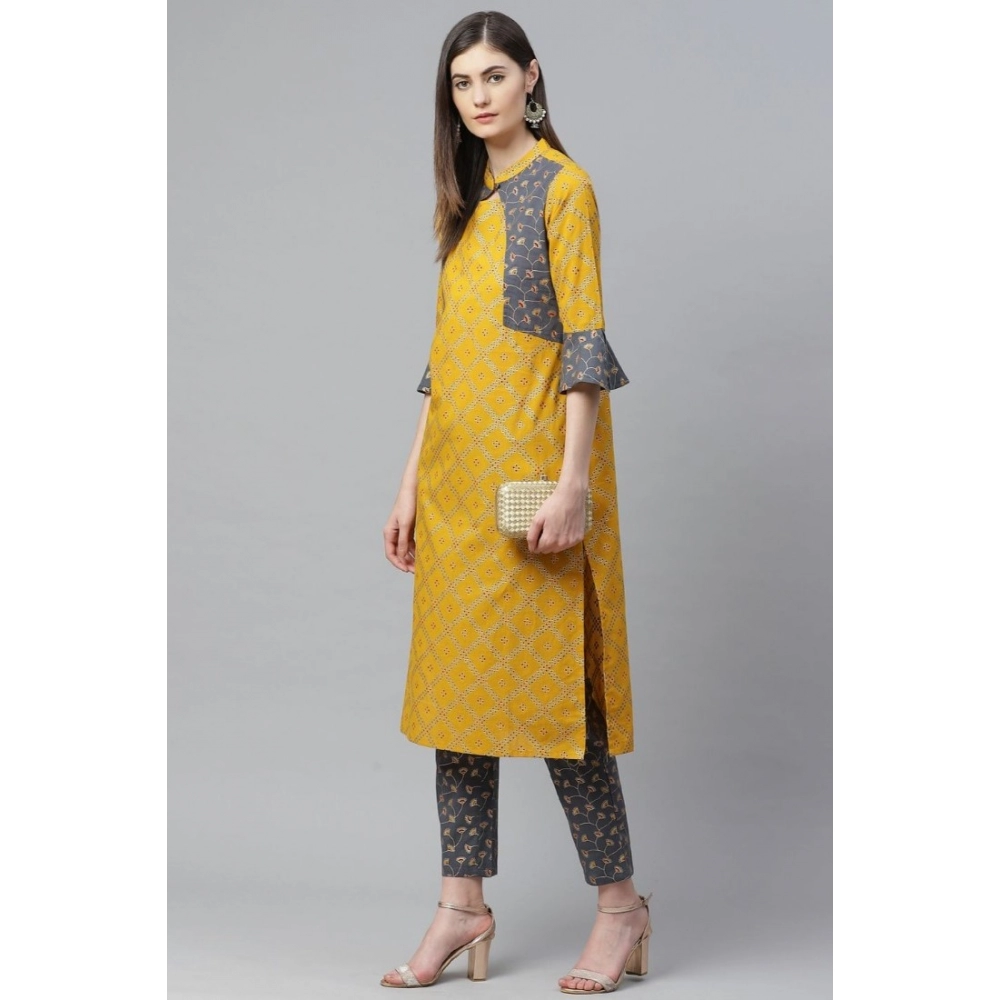Generic Women's Casual Bell Sleeves Geomatrical Printed Cotton Kurti Set (Yellow) - Image 3