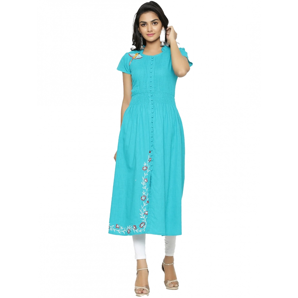 Generic Women’s Casual Short Sleeve Embroidery Cotton Slub Kurti (Torque Green)