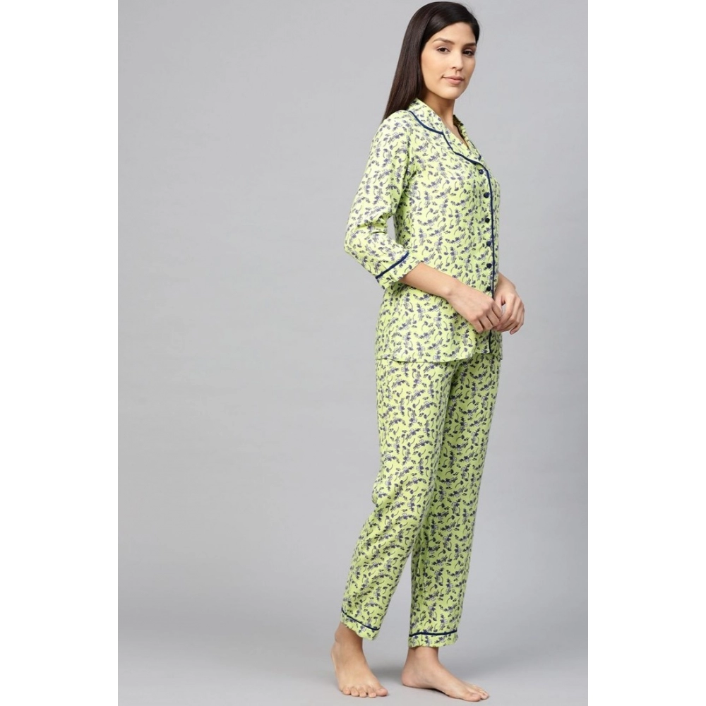 Generic Women's Casual 3/4 Sleeve Floral Printed Rayon Shirt With Pyjama Pant Night Suit Set (Green) - Image 3
