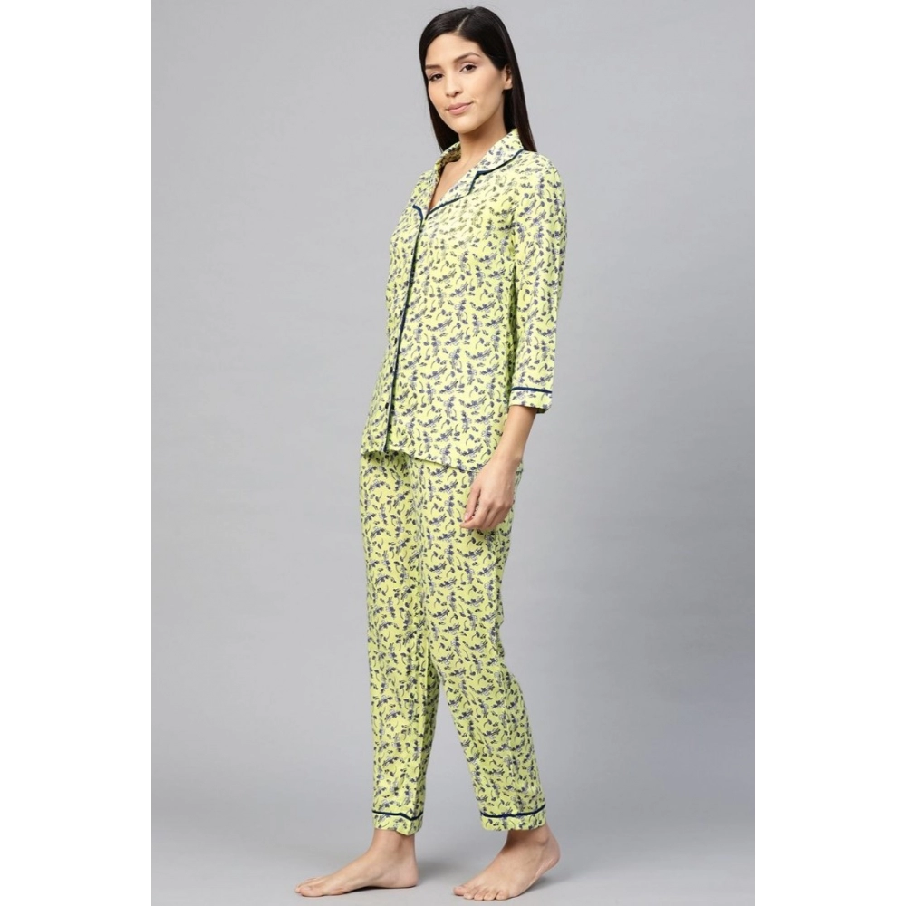 Generic Women's Casual 3/4 Sleeve Floral Printed Rayon Shirt With Pyjama Pant Night Suit Set (Green) - Image 5