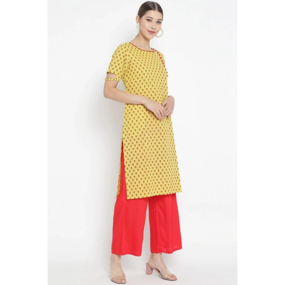 Generic Women's Casual Short Sleeves Floral Printed Cotton & Rayon Kurti Palazzo Set (Yellow & Red) - Image 5