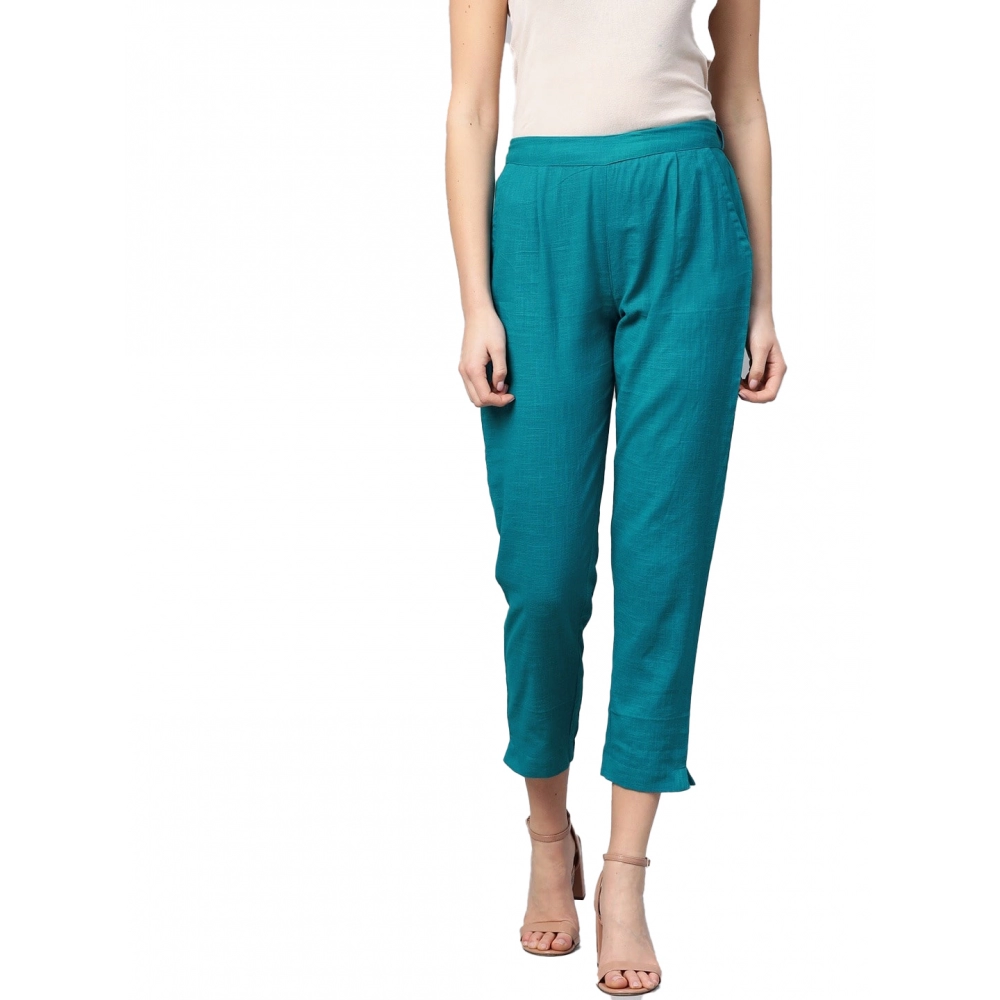 Generic Women’s Casual Solid Cotton Slub Trouser Pant (Rama Blue)