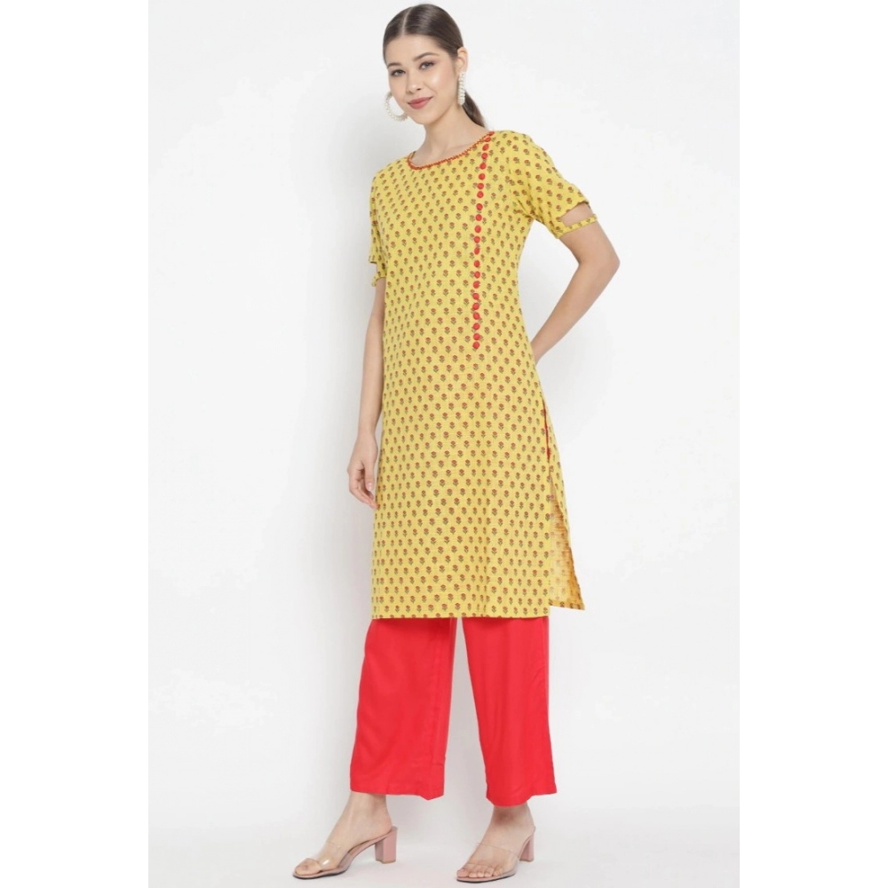 Generic Women's Casual Short Sleeves Floral Printed Cotton & Rayon Kurti Palazzo Set (Yellow & Red) - Image 3