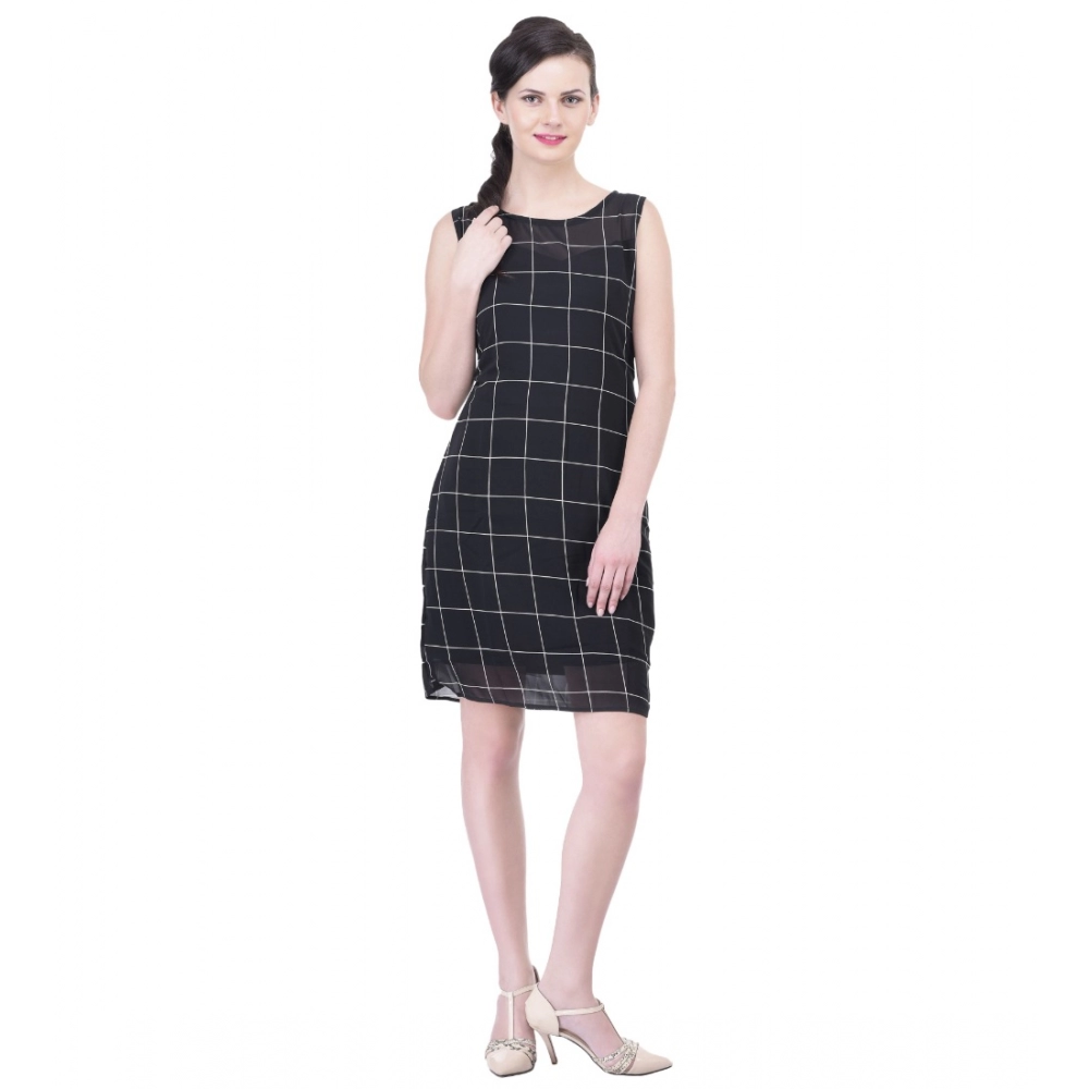 Generic Women’s Cotton Blend Checked Sleeveless Sheath Dress (Black)
