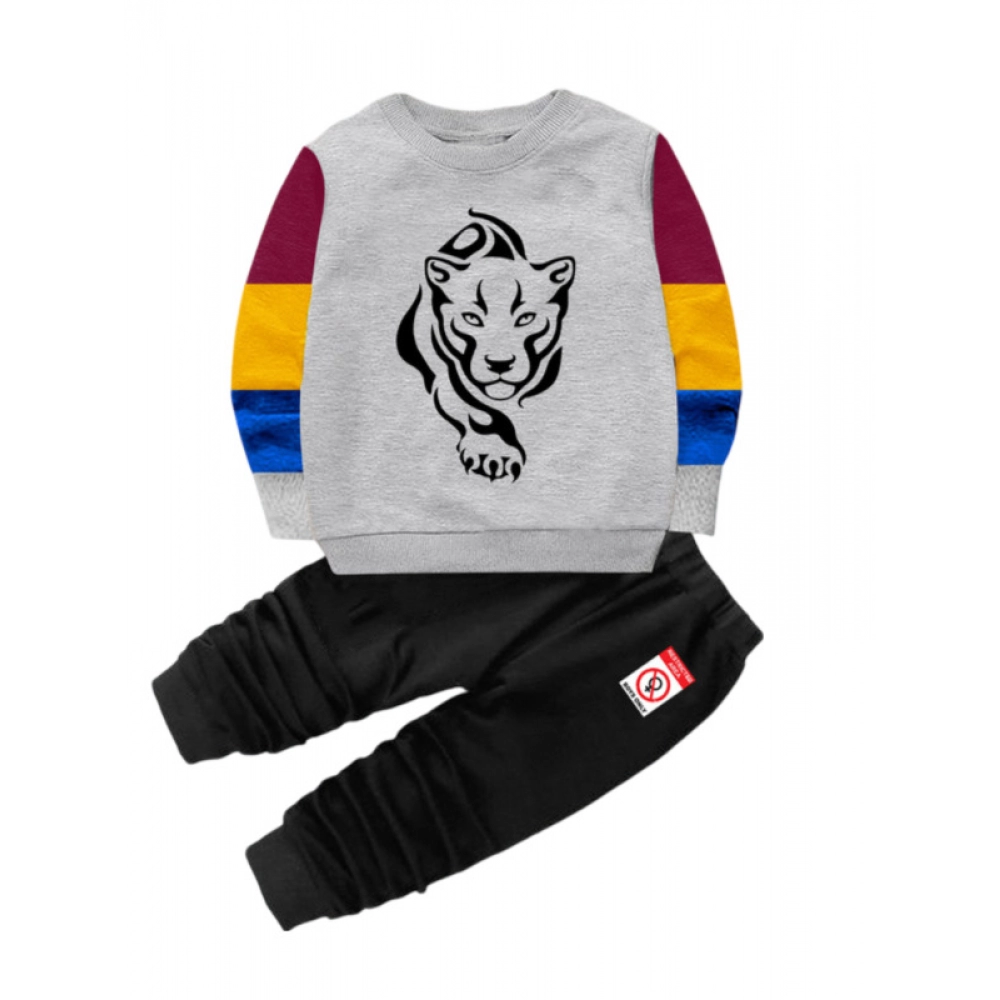 Generic Boy’s Casual Full Sleeve Printed Cotton T Shirt With Pant (Grey)