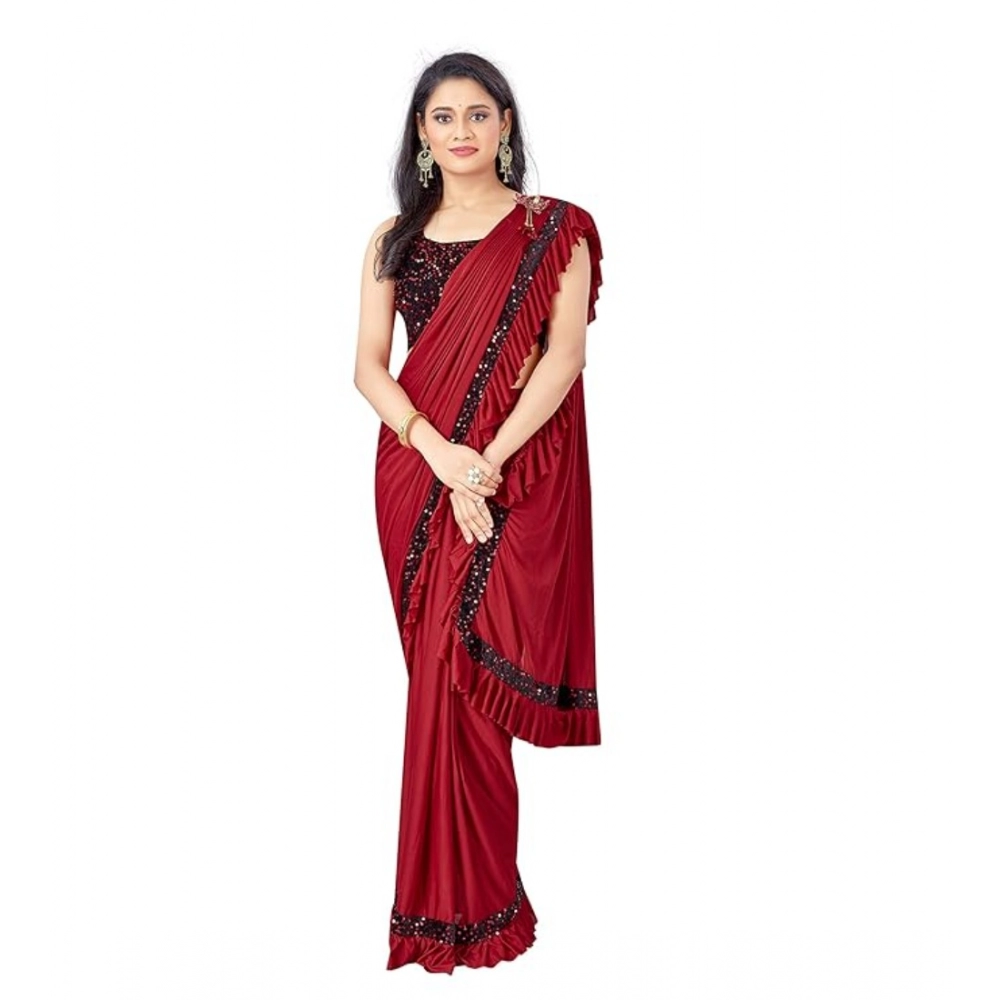 Generic Women’s Lycra Solid Saree With Unstitched Blouse (Red, 5.5 Mtr)