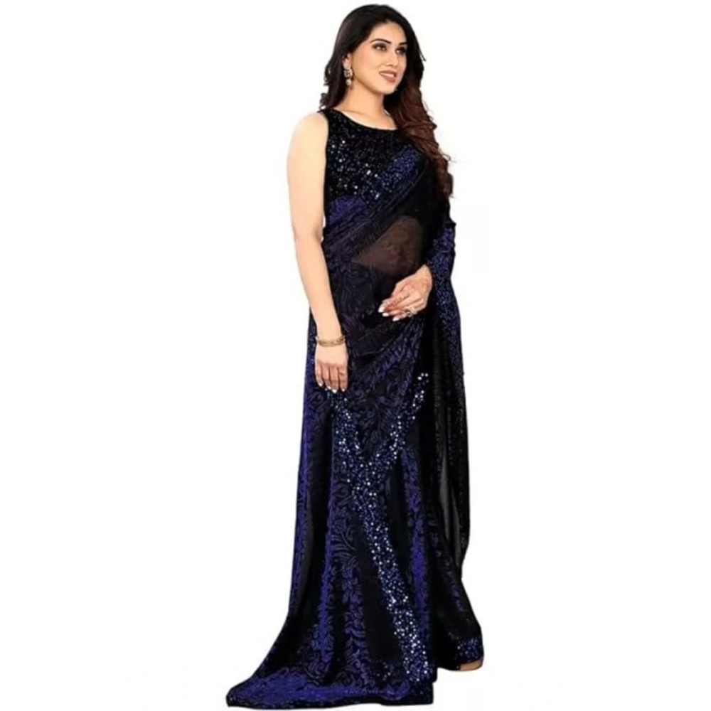 Generic Women's Lycra Floral Saree With Unstitched Blouse (Blue, 5.5 Mtr) - Image 4
