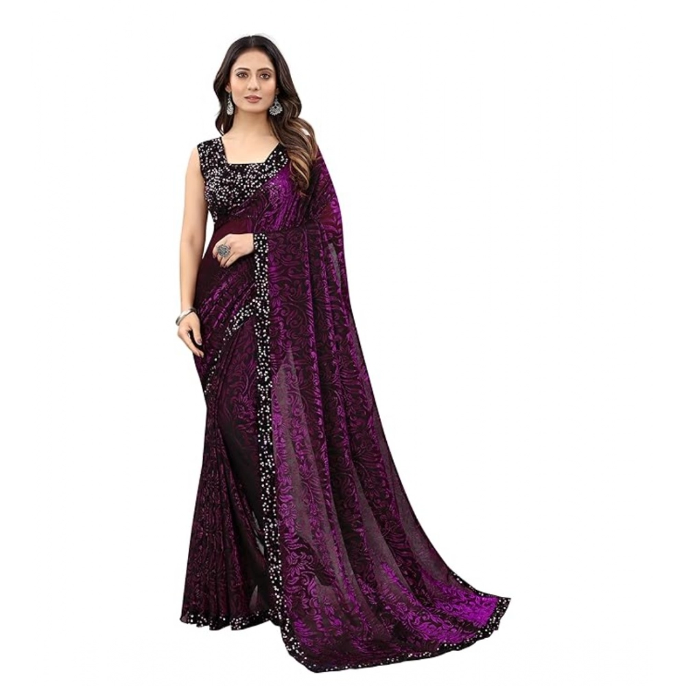 Generic Women’s Lycra Floral Saree With Unstitched Blouse (Wine, 5.5 Mtr)