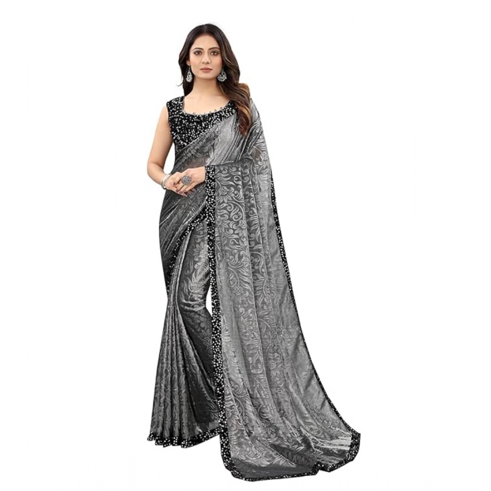 Generic Women’s Lycra Floral Saree With Unstitched Blouse (Grey, 5.5 Mtr)