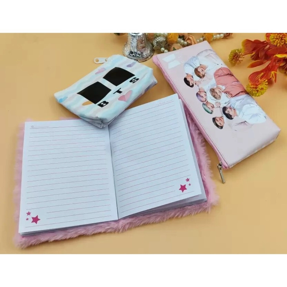 Prezzie Villa 3 in 1 Black Pink Stationery Set for Kids in Multicolor 2 Pouches and 1 Pocket Diary Set | Soft Furr | Stationery | 5+ Years - Image 4