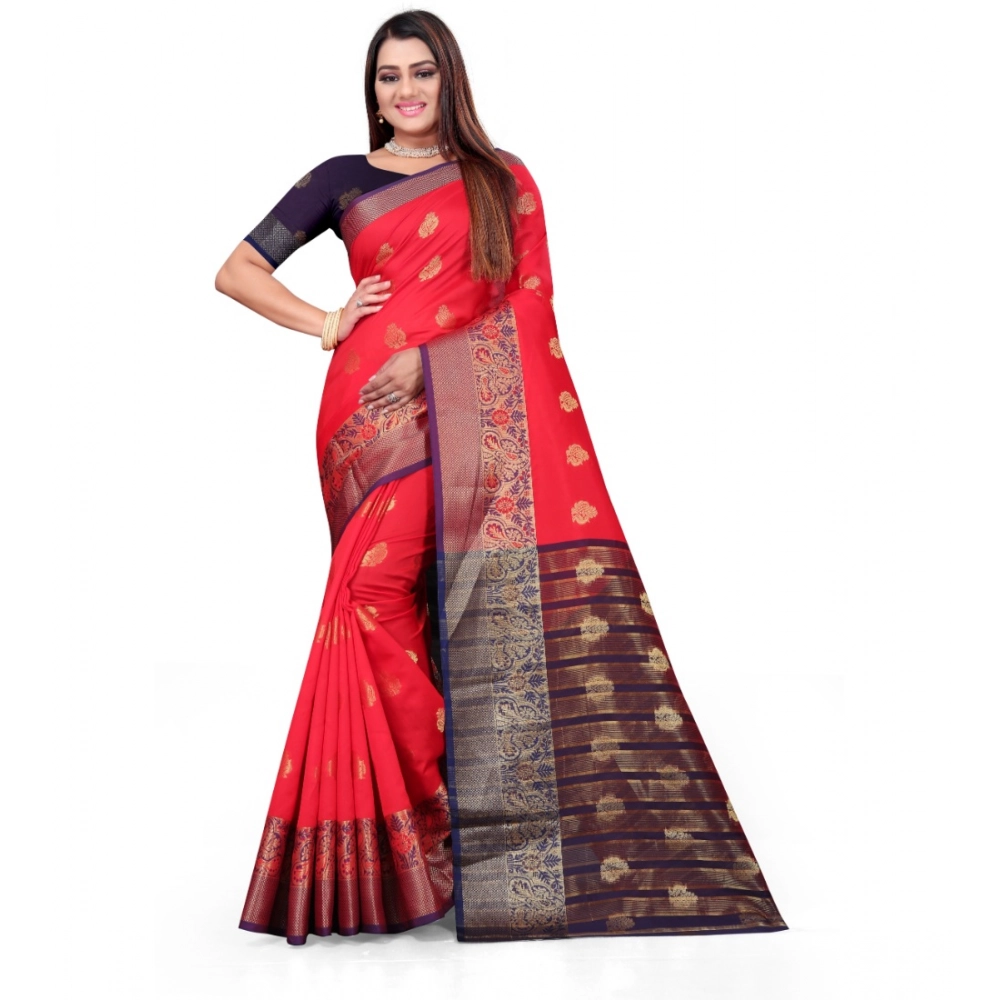 Generic Women’s Silk Blend Woven Saree With Unstitched Blouse 5.5Mtr (Red)