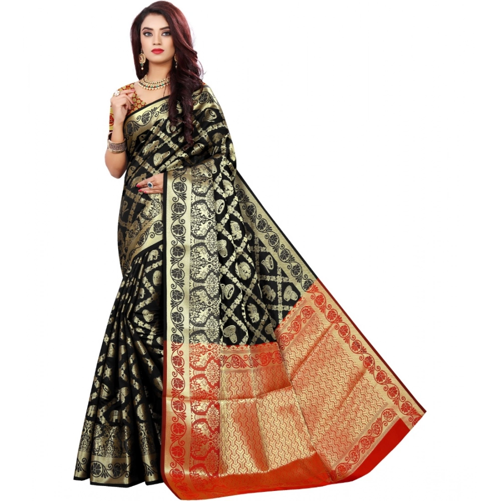 Generic Women’s Jacquard Woven Saree With Unstitched Blouse 5.5Mtr (Black)