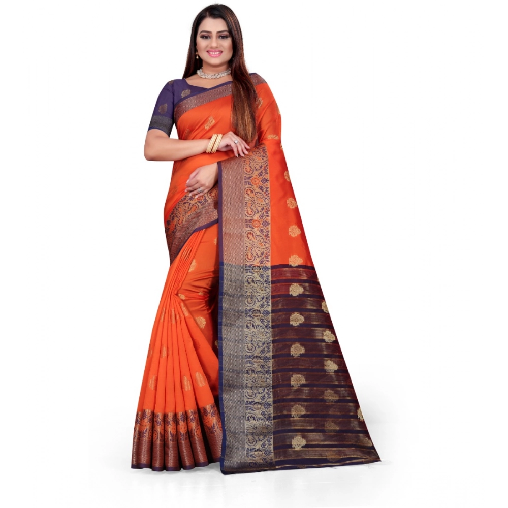 Generic Women’s Silk Blend Woven Saree With Unstitched Blouse 5.5Mtr (Orange)