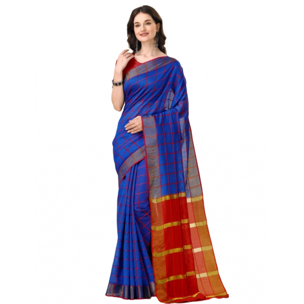 Generic Women’s Cotton Silk Checkered Saree With Unstitched Blouse 5.5Mtr (Blue)