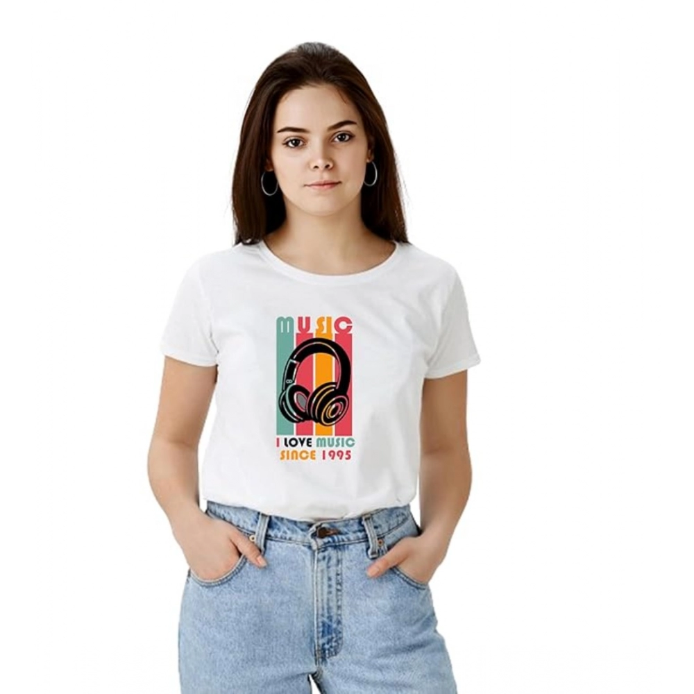 Generic Women’s Polyester Solid Printed Round Neck Half Sleeve T-shirt (White)