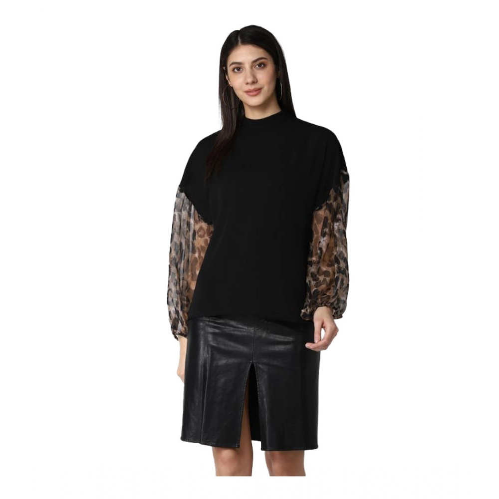 Generic Women’s Polyester Animal Print Long Sleeves Top (Black)