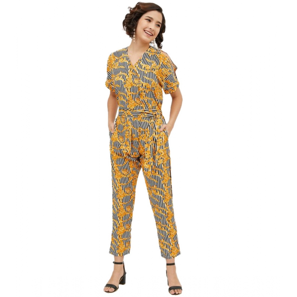 Generic Women’s Polyester Printed Half Sleeve Long Jumpsuit (Yellow)