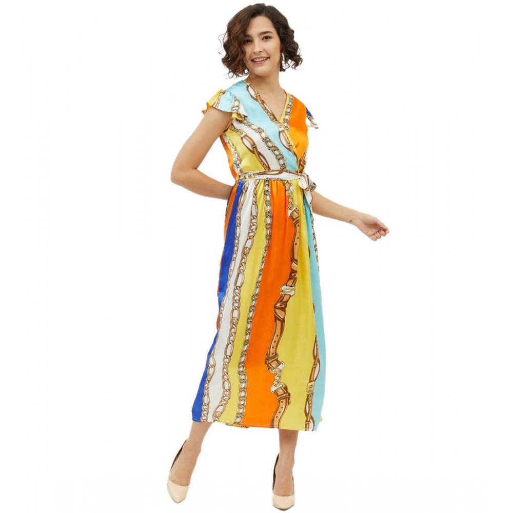 Generic Women’s Satin Chain Print Cap Sleeve Calf-length Dress (Multicolor)