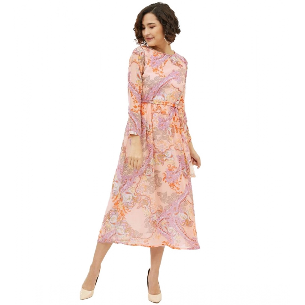 Generic Women’s Polyester Printed Long Sleeves Calf-length Dress (Multicolor)