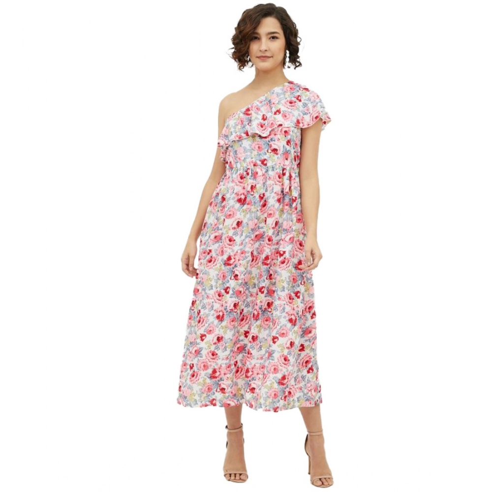 Generic Women’s Polyester Floral One Shoulder Calf-length Dress (Multicolor)
