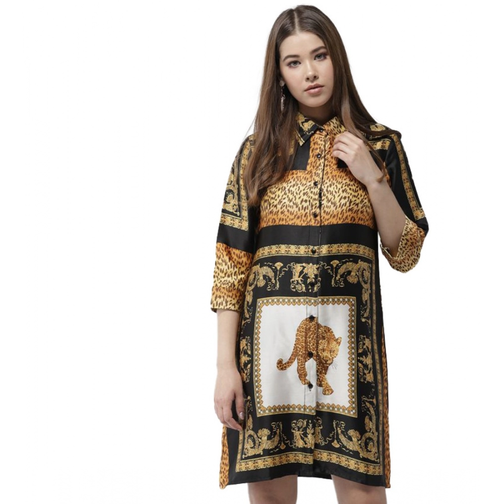 Generic Women’s Satin Animal Print 3-4th Sleeves Above Knee Dress (White – Orange)