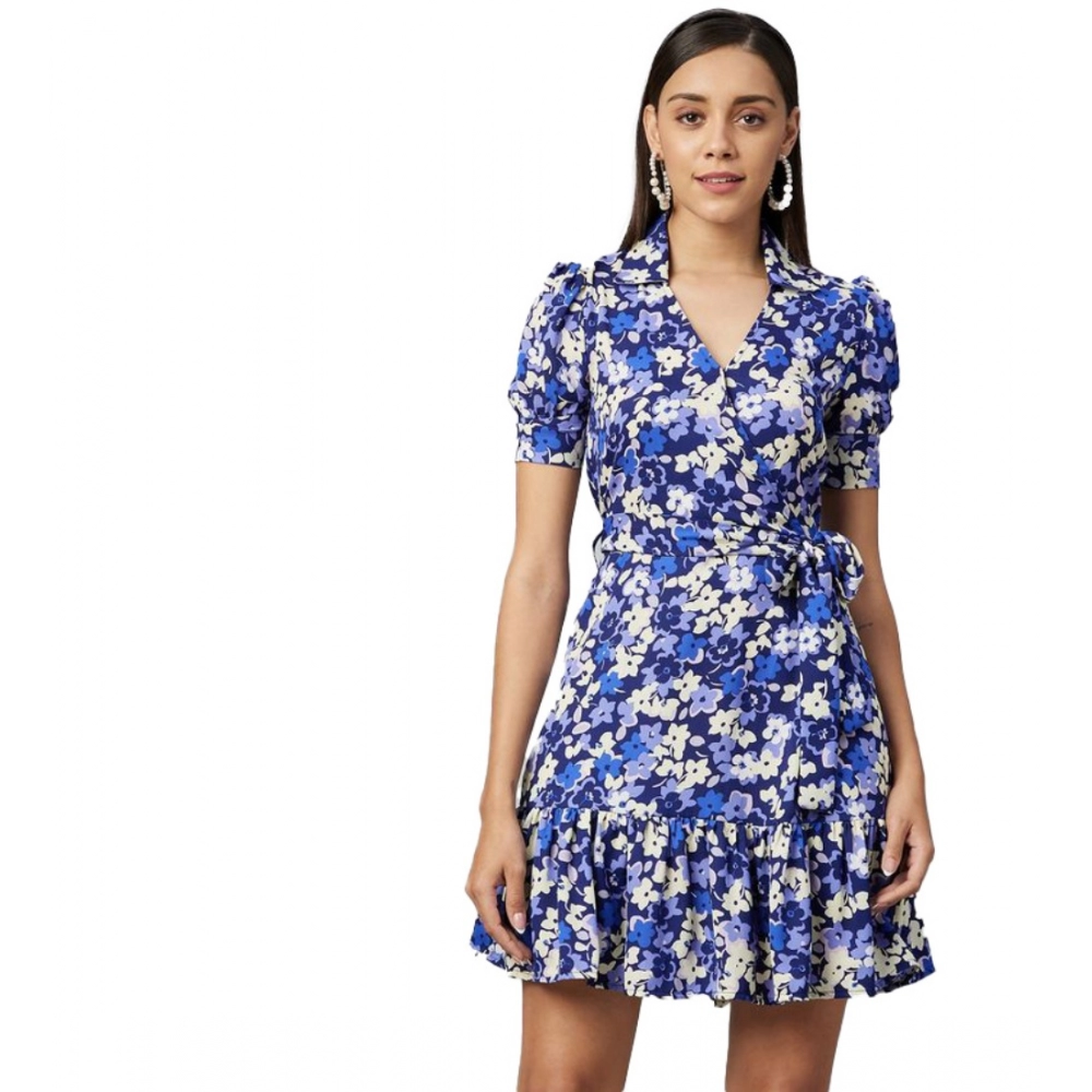 Generic Women’s Polyester Floral Short Sleeve Above Knee Dress (Blue – Purple)