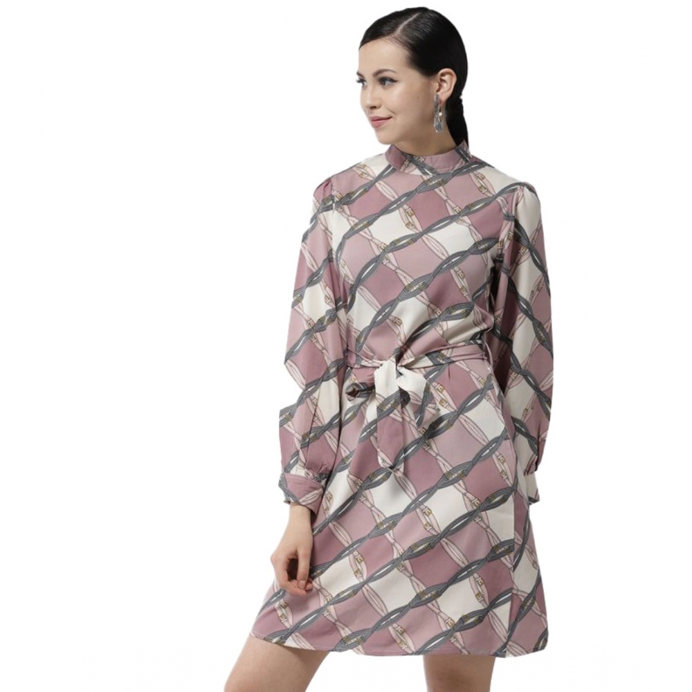 Generic Women’s Polyester Checkered Long Sleeves Above Knee Dress (Off White – Lavender)