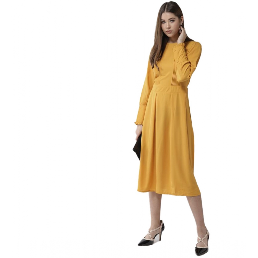 Generic Women’s Polyester Pintuck Long Sleeves Below Knee Dress (Yellow)