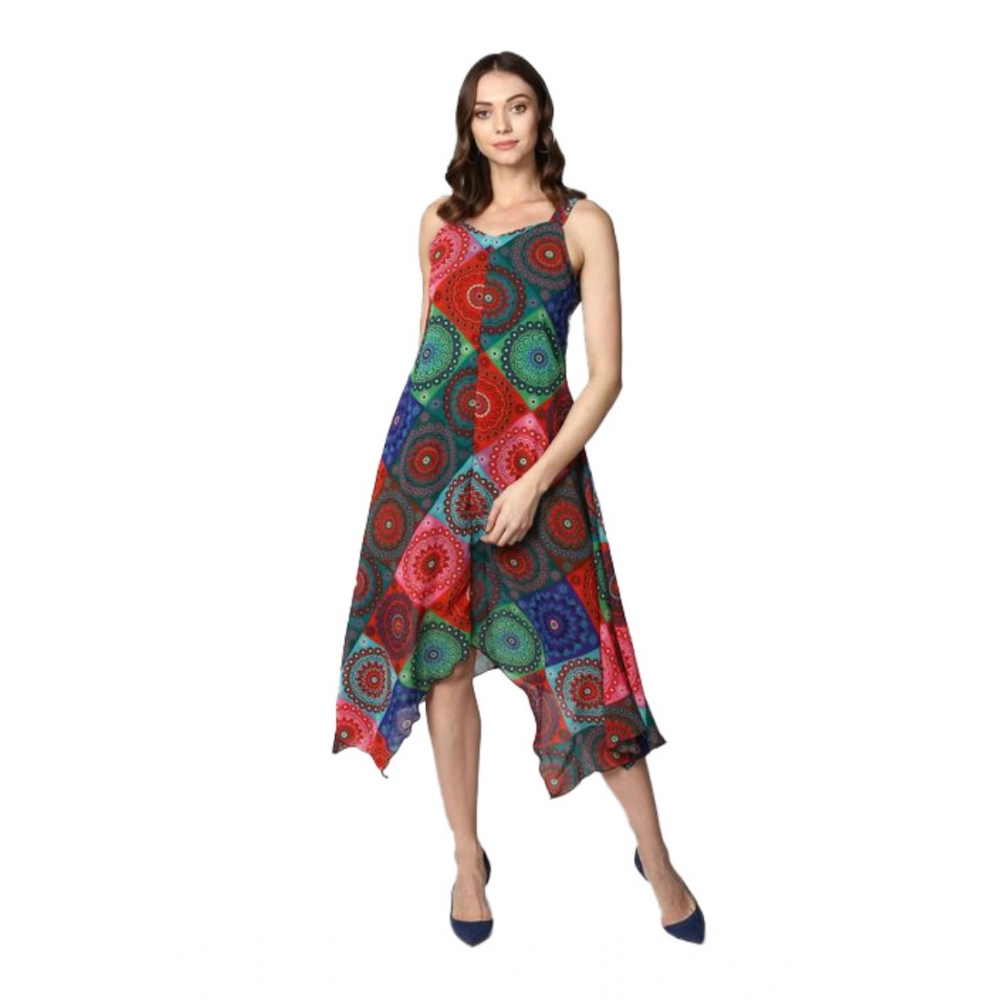Generic Women’s Polyester Asymmetrical Shoulder Straps Knee-Length Dress (Multicolor)