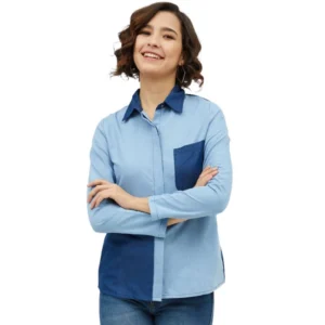 Generic Women's Denim Patch Work Long Sleeves Standard Length Shirt (Blue)