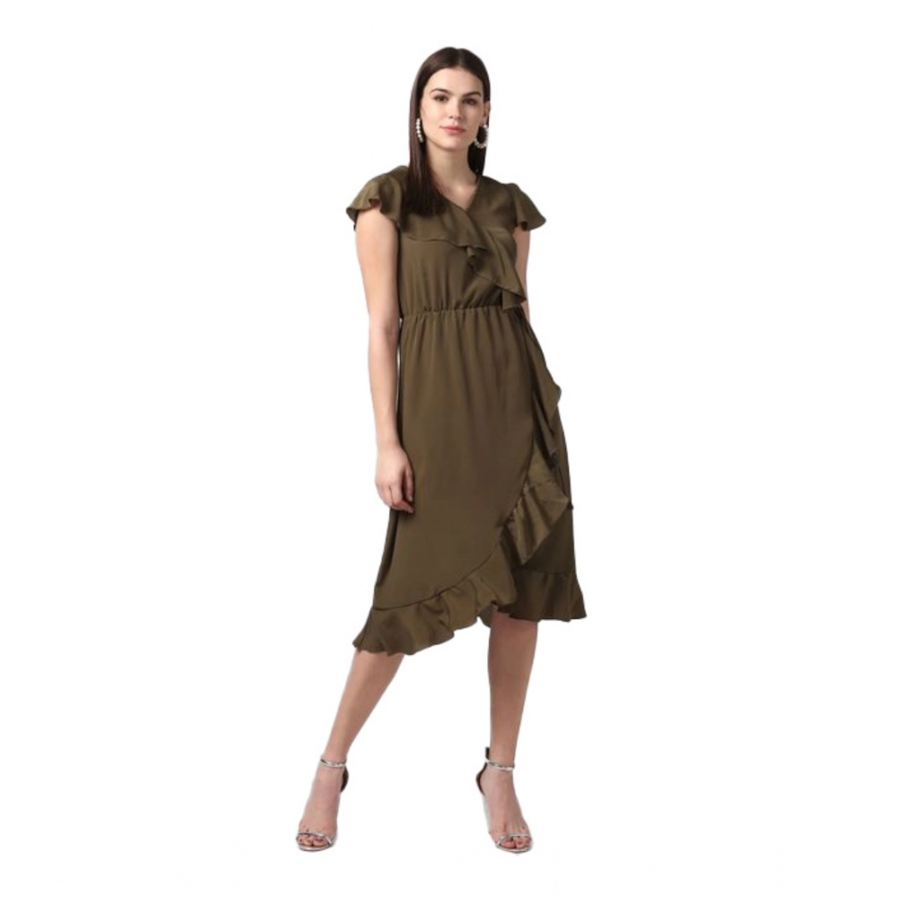 Generic Women’s Polyester Ruffled Cap Sleeve Knee-Length Dress (Olive)