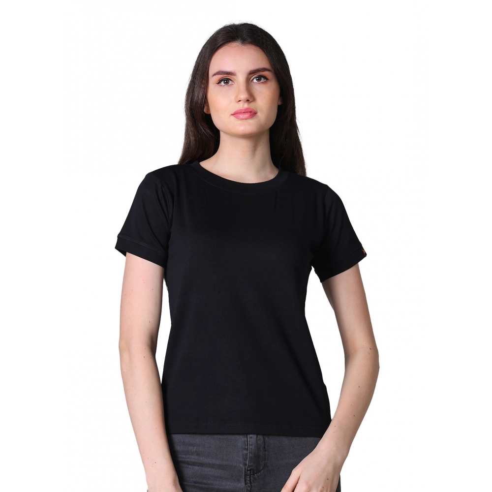 Generic Women’s Cotton Blended Solid Round Neck Half Sleeve T-Shirt (Black)