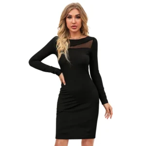 Generic Women's Knitting stretchable Solid Round Neck Full Sleeve Dress (Black)