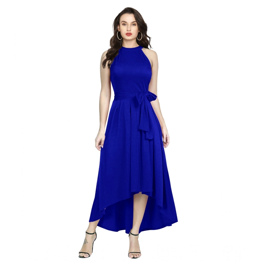 Generic Women’s Polyster Solid Halter Neck Sleeveless Dress (Royal Blue)