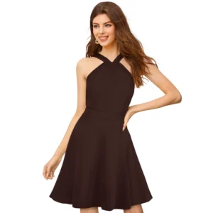 Generic Women's Knitting stretchable Solid Halter Neck Sleeveless Dress (Coffee)