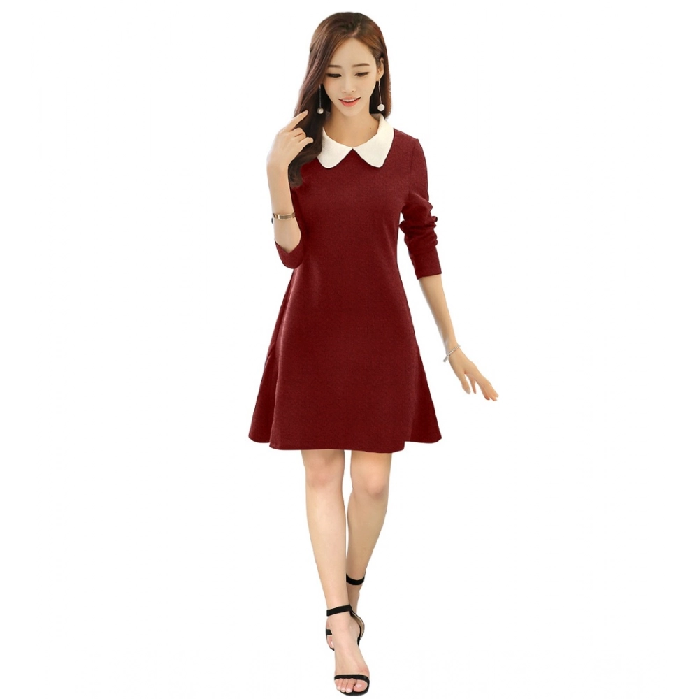 Generic Women’s Polyester Solid Collar 3-4th Dress (Maroon)