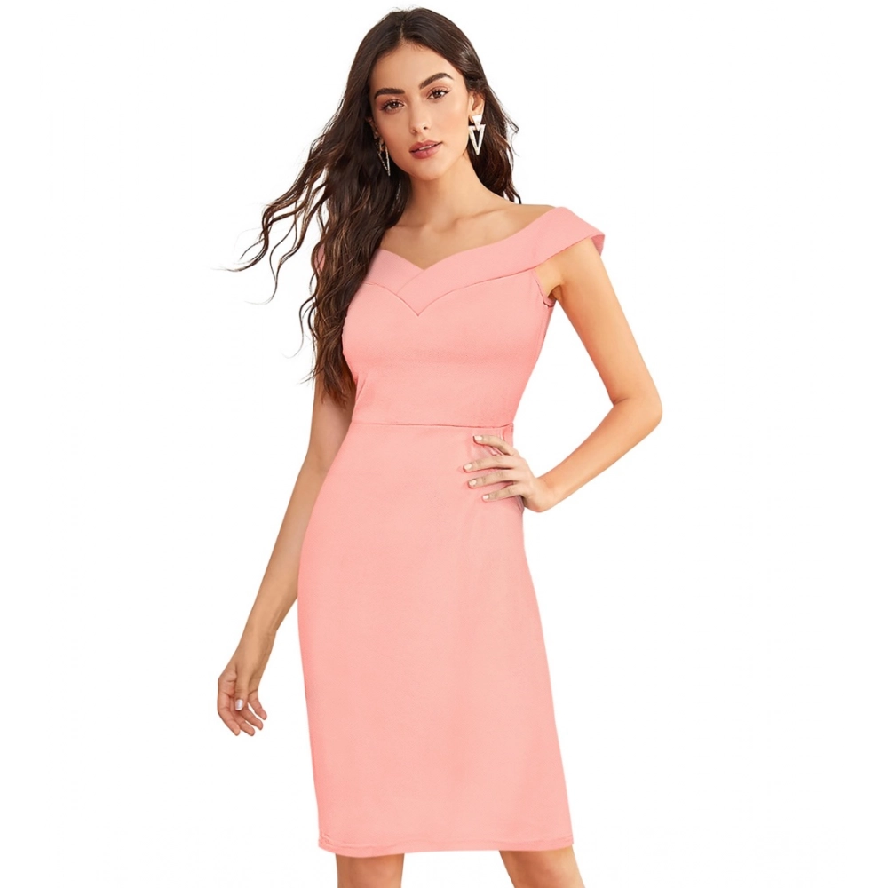 Generic Women’s Knitting stretchable Solid Round Neck Sleeveless Dress (Peach)